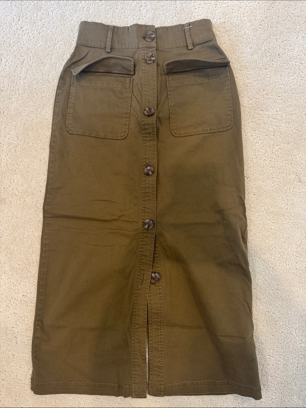 Solid and striped Button-Front Olive Green Midi cargo Skirt- xs